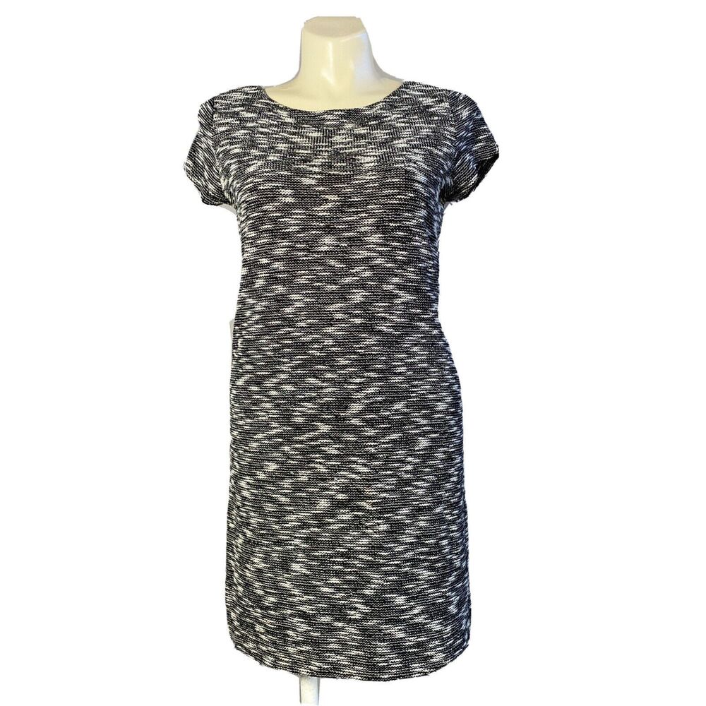 Ann Taylor LOFT Dress LARGE‎ Black White Woven Tweed Shift Short Sl Work Casual